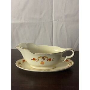 Hall‎ China Autumn Leaf Gravy Boat and Underplate Jewel Tea Co Vintage Gold Trim